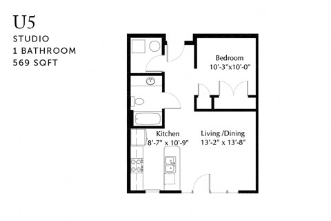 Floor plan for studio, 1 bath, 569 sqft